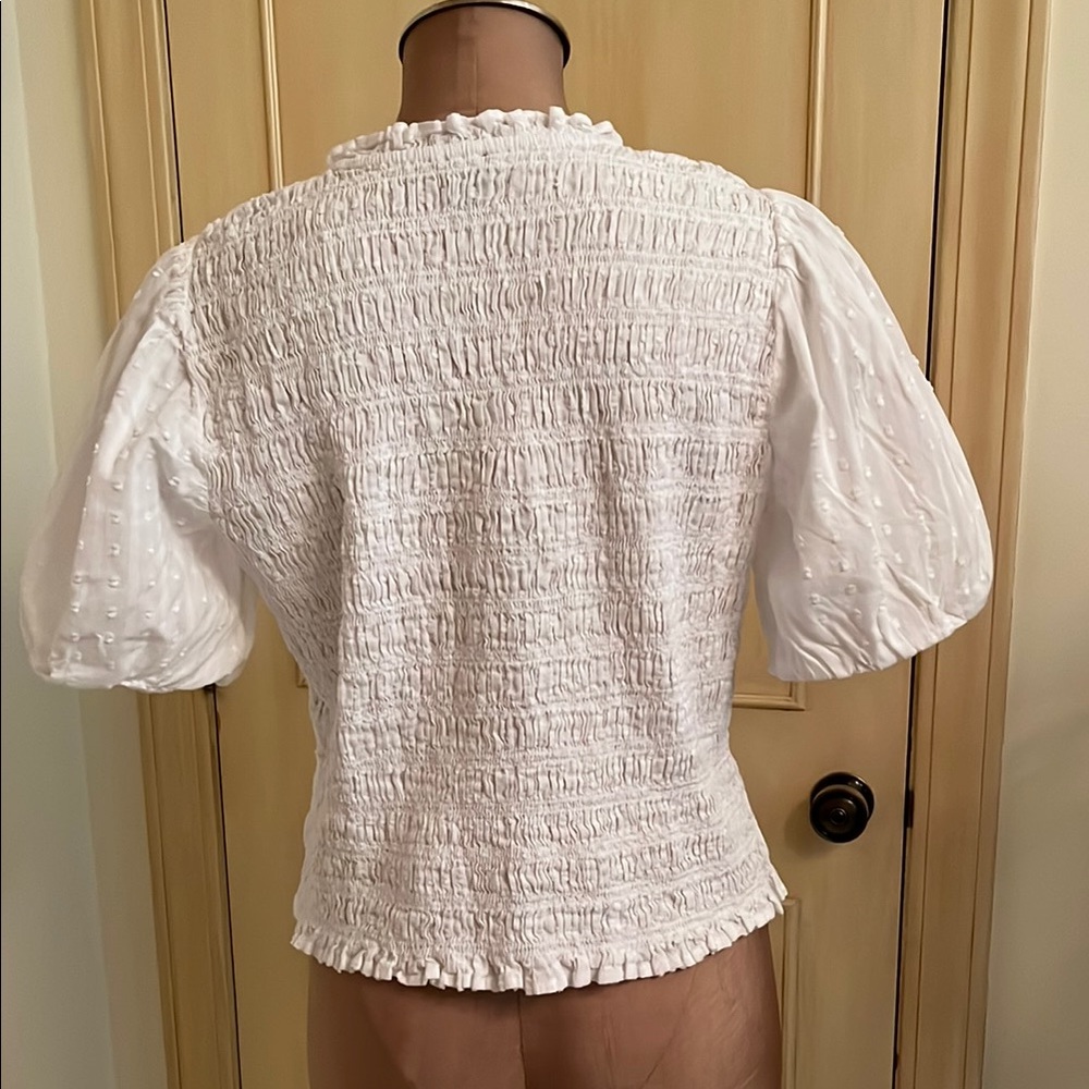 J CREW Boho Coquette 100% Cotton Swiss Dot Smocked Bodice Ruffle Trim WHT Top XL - Picture 2 of 15